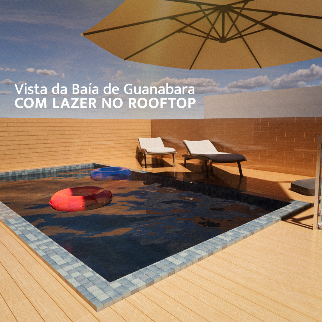 Rooftop com piscina e vista da Baía de Guanabara no Violeta Residencial