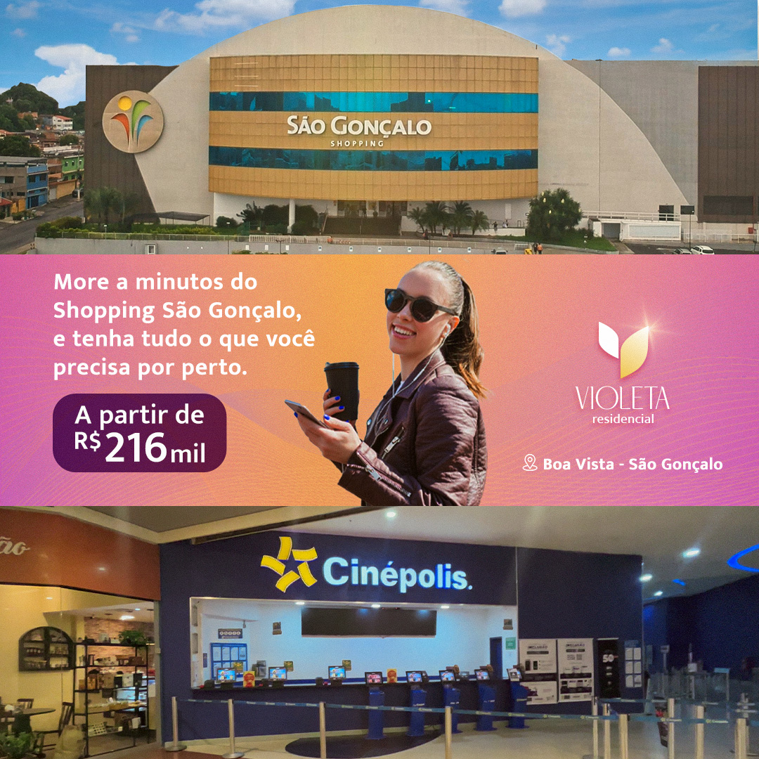 Peça do Violeta Residencial destacando proximidade do Shopping São Gonçalo